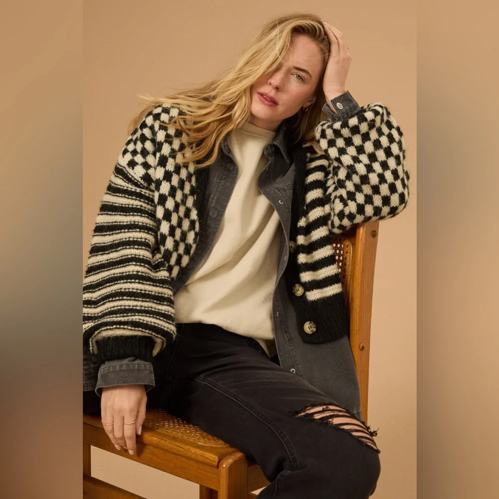 Altar’d State Claudia Checkered Cardigan Sweater Black & Cream Balloon Sleeve - Picture 3 of 13